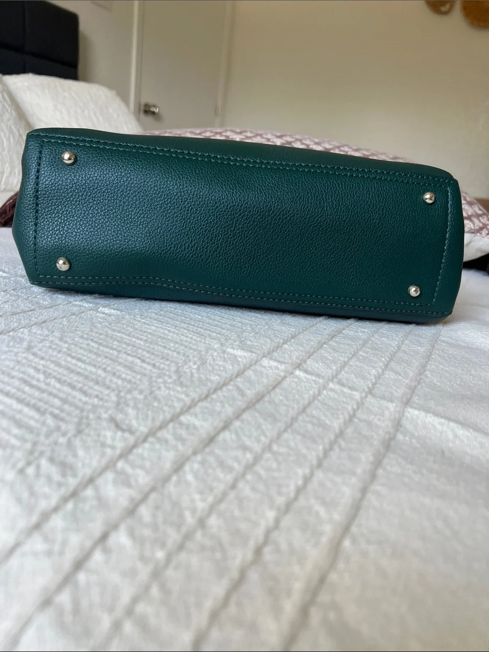 GUESS Emerald Green Faux Pebbled Leather Satchel with Silver Hardware